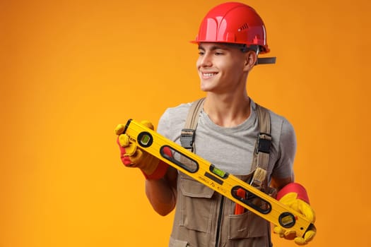 Young male handyman holding construction spirit level on yellow background in studio