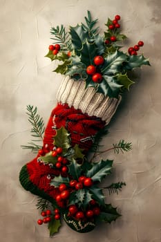 A festive Christmas ornament featuring a holly and berry design on a stocking. The evergreen plant symbolizes the holiday season with its red berries and green branches
