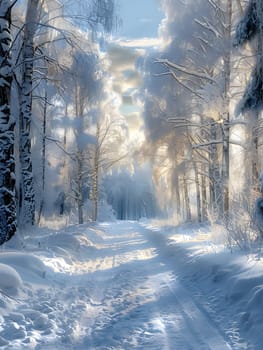 The snowy forest is a mesmerizing natural landscape with trees and twigs covered in snow. The road cuts through the wood under the freezing sky