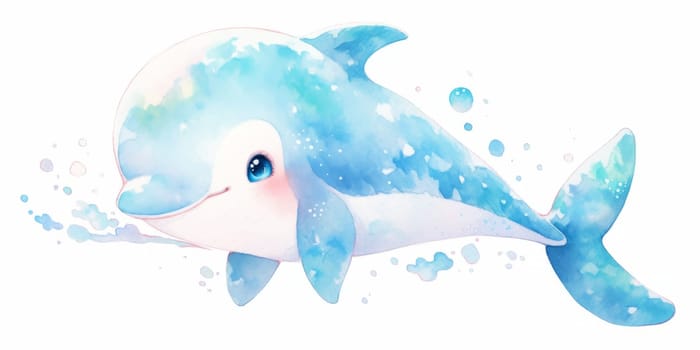 Cute kawaii dolphin hand drawn watercolor illustration
