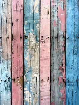 A detailed closeup of a pink and blue wooden wall showcasing the intricate pattern of the hardwood planks. The natural material is stained and resembles a textile design