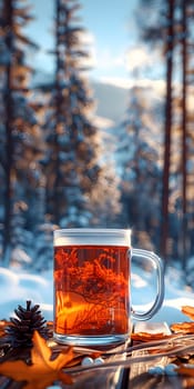 A glass of beer rests on a wooden table in the middle of the forest landscape. The liquid inside reflects the surrounding trees and branches, as the sunlight filters through the canopy above