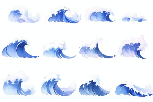 Set of water wave hand drawn watercolor illustration