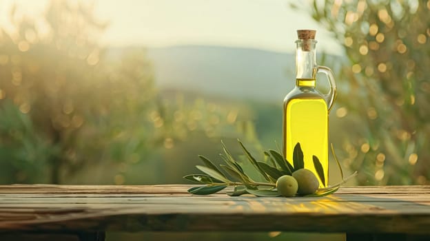 Olive oil bottle ad background with copyspace, vegetable oil commercial produce, food industry and retail concept