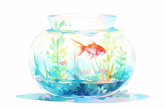 Goldfish swimming in a round glass aquarium. Watercolor hand drawn illustration