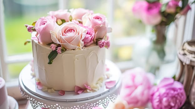 Birthday tablescape or candy bar with sweets, Birthday cake and cupcakes, beautiful party and celebration