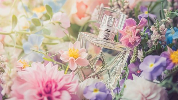 Perfume bottle in flowers, fragrance on blooming background, floral scent and cosmetic product idea