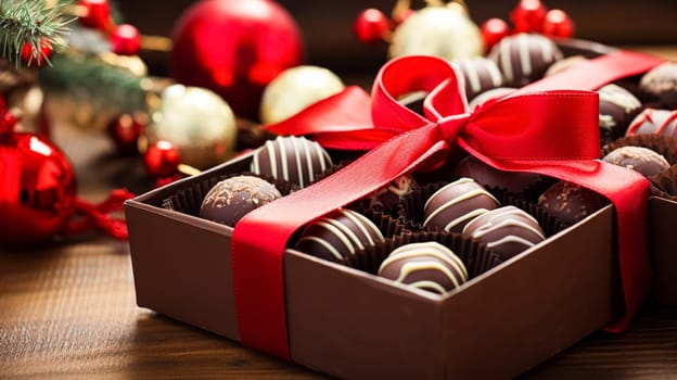 Christmas present, holidays and celebration, box of chocolate pralines, winter holiday gift idea