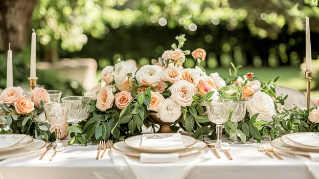 Beautifully set table for a garden party, adorned tablescape with vibrant floral arrangements, under the shade of blossoming rose bushes, inviting a sense of elegance and natural charm