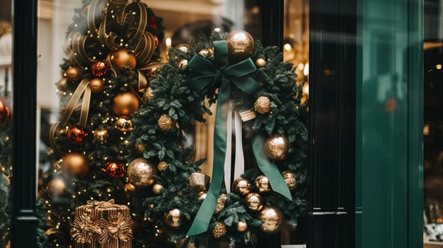 Christmas decoration details on English styled luxury high street city store door or shopping window display, holiday sale and shop decor inspiration