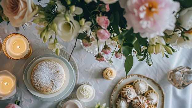 Birthday tablescape or candy bar with sweets, Birthday cake and cupcakes, beautiful party and celebration