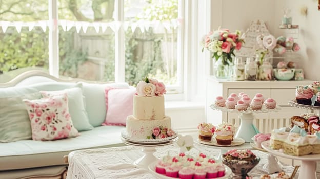 Birthday tablescape or candy bar with sweets, Birthday cake and cupcakes, beautiful party and celebration