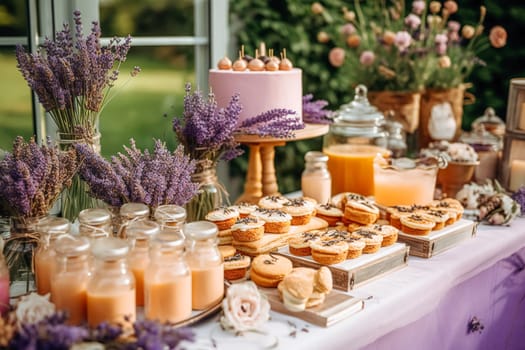 Dessert buffet table, food catering for wedding, party holiday celebration, lavender decor, cakes and desserts in a country garden, post-processed, generative ai