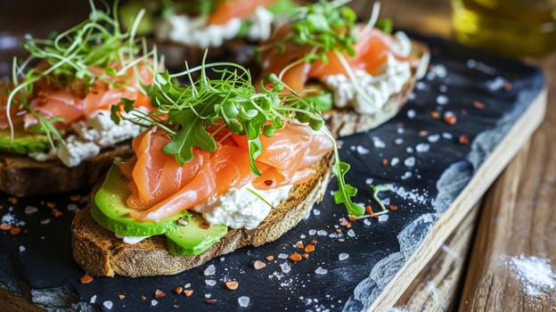 Avocado toast with smoked salmon for breakfast, homemade cuisine and traditional food, country life