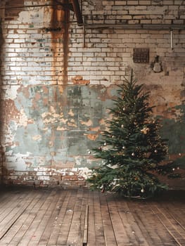 An evergreen Christmas tree stands on a wooden floor in front of a brick wall, adding festive touch to the house with its lush green tints and shades