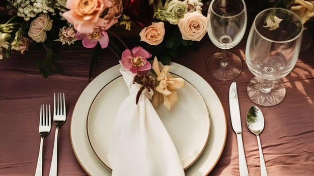 Table decor, holiday tablescape and dinner table setting in countryside garden, formal event decoration for wedding, family celebration, English country and home styling inspiration