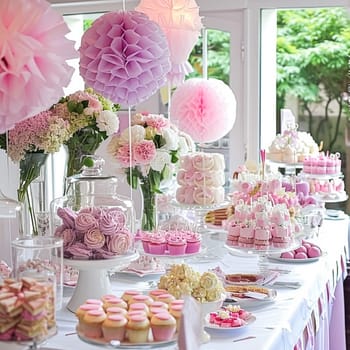 Birthday tablescape or candy bar with sweets, Birthday cake and cupcakes, beautiful party and celebration