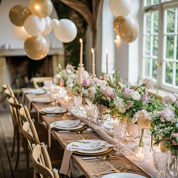 Birthday tablescape or candy bar with sweets, Birthday cake and cupcakes, beautiful party and celebration