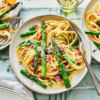 Pasta with asparagus, bacon and parmesan cheese