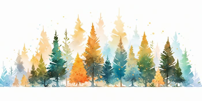 Watercolor background drawn landscape of foggy autumn forest, winter hill