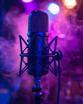 A microphone is placed on a stand against a colorful backdrop of shades of purple, violet, magenta, and electric blue, creating a vibrant setting for the event