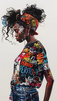 A painting depicting a woman in a magenta tshirt with graffiti, showcasing creative arts and fashion design. The piece incorporates sleeve and hat patterns, blending visual arts in a unique event
