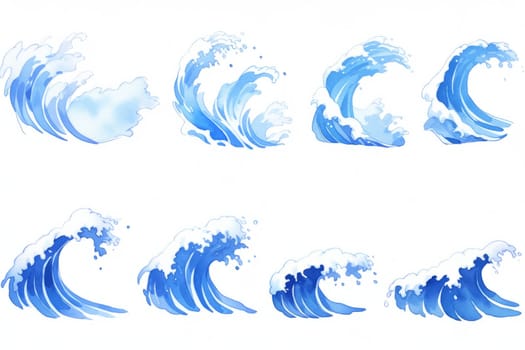 Set of water wave hand drawn watercolor illustration