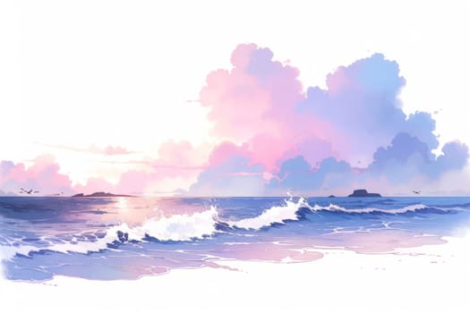 Ocean or sea sunset hand painted watercolor illustration