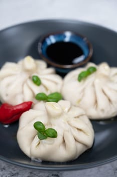 Manti on a plate. Traditional asian food stuffed with meat and vegetables