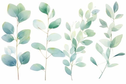 Green leaf eucalyptus branches hand drawn watercolor illustration