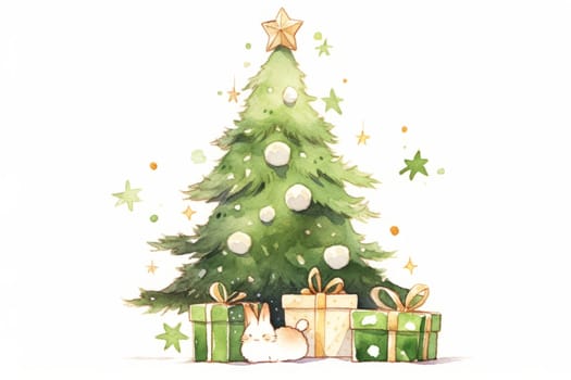 Decorated Christmas tree and gifts hand painted watercolor illustration