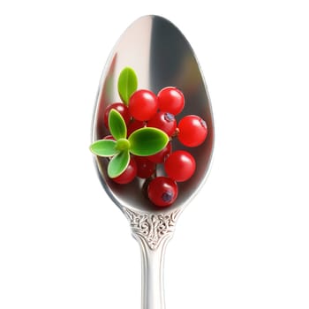 Succulent buffaloberries Shepherdia argentea elegantly balanced on a polished silver spoon their glossy red appearance. Food isolated on transparent background