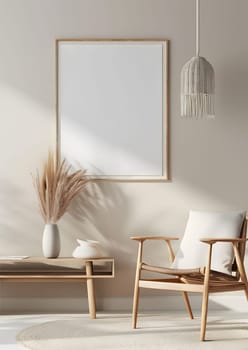 A cozy living room with a wooden chair, rectangle table, vase with twigs, and a picture frame hanging on the hardwood floor