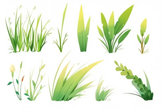 Set of green and gold grass and stem hand painted watercolor illustration