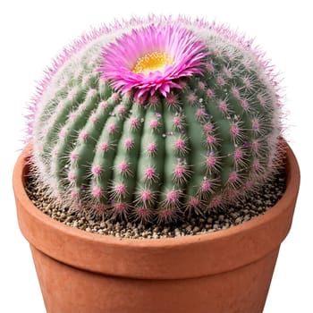 Mammillaria small clustered cactus with white spines and pink flowers in a terracotta pot Mammillaria. Plants isolated on transparent background.
