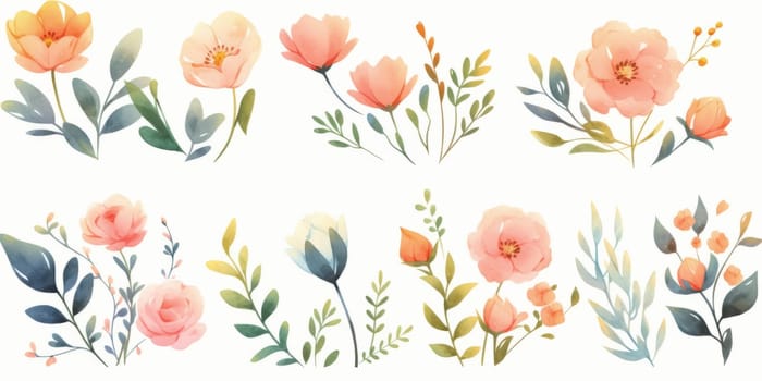 Watercolour floral illustration set. DIY blush pink blue flower, green leaves