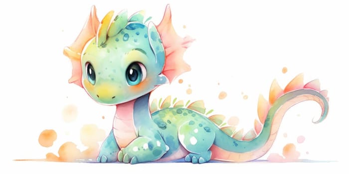 Cute kawaii dragon hand drawn watercolor illustration