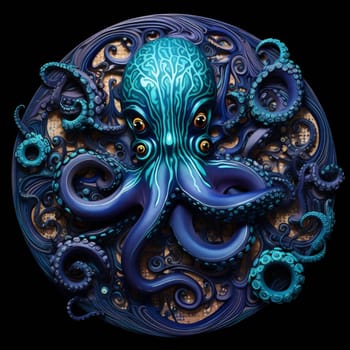 Bright Colorful Octopus on Dark Background. Blue Octopus on Dark Blue Background. Symbol of Sea Monster. International Octopus Day.