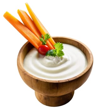 Kurut in a wooden mortar accompanied by fresh vegetable sticks and a yogurt dipping sauce. Food isolated on transparent background