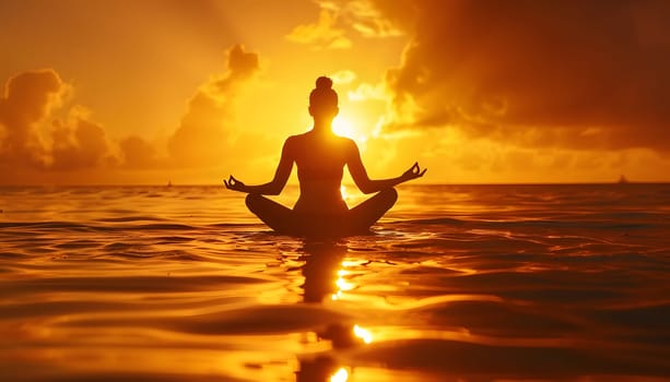 A woman peacefully meditates in the ocean at sunset, surrounded by the calming water, colorful sky, and gentle afterglow of dusk, experiencing a sense of happiness and unity with nature