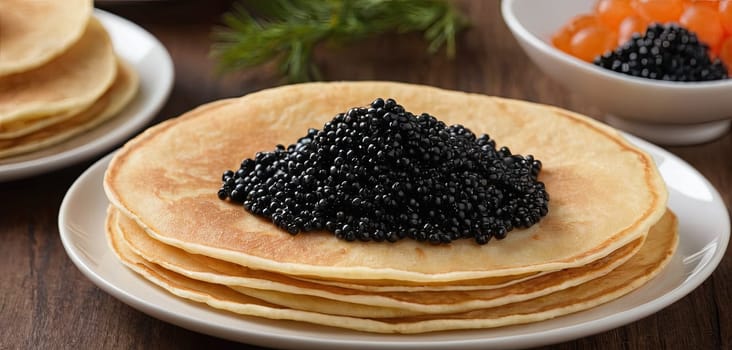 Pancakes with caviar for breakfast highlight luxury morning meal. Golden stack topped with black caviar, served on wooden plate, captures indulgent experience