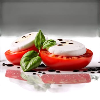 Caprese salad sliced tomato and mozzarella rounds balsamic reduction drizzling isolated on transparent Food and. Food isolated on transparent background.