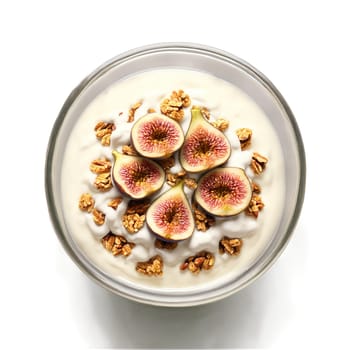 Energizing breakfast bowl with Greek yogurt homemade granola fresh figs and a drizzle of maple. close-up food, isolated on transparent background