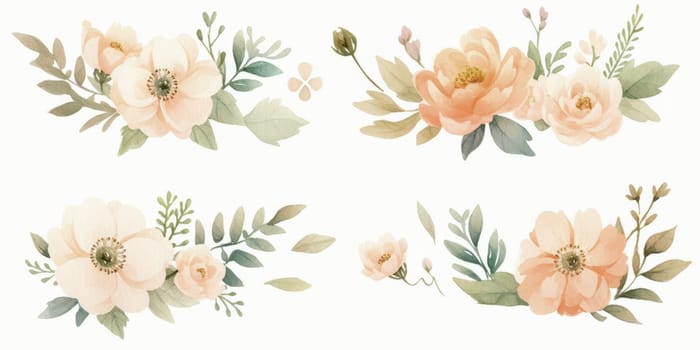 Watercolour floral illustration set. DIY blush pink blue flower, green leaves