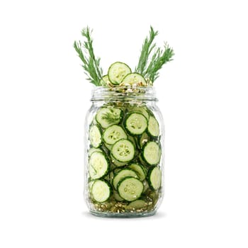 Pickled cucumbers jar crisp and briny tumbling out of an opened jar with dill sprigs. Food isolated on transparent background.