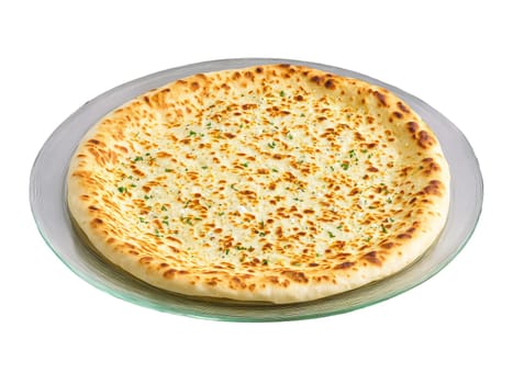 Naan Bread buttery and garlic infused served on a transparent glass plate perfect for scooping. Food isolated on transparent background.