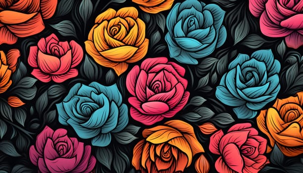 A luxurious display of various hues adorns the image, showcasing a plethora of vibrant roses set against a sleek black background, creating a striking contrast.