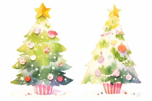 Decorated Christmas tree hand painted watercolor illustration