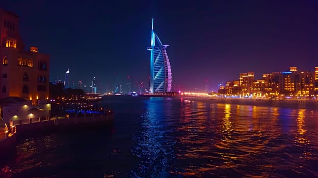 A city skyline at midnight with electric blue skyscrapers reflecting on the calm lake. The horizon blends with the city lights creating a mesmerizing event