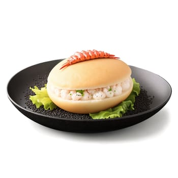 Lobster bao steamed bun pink meat filling peeking black sesame seed sprinkle in glass dish. Food isolated on transparent background.